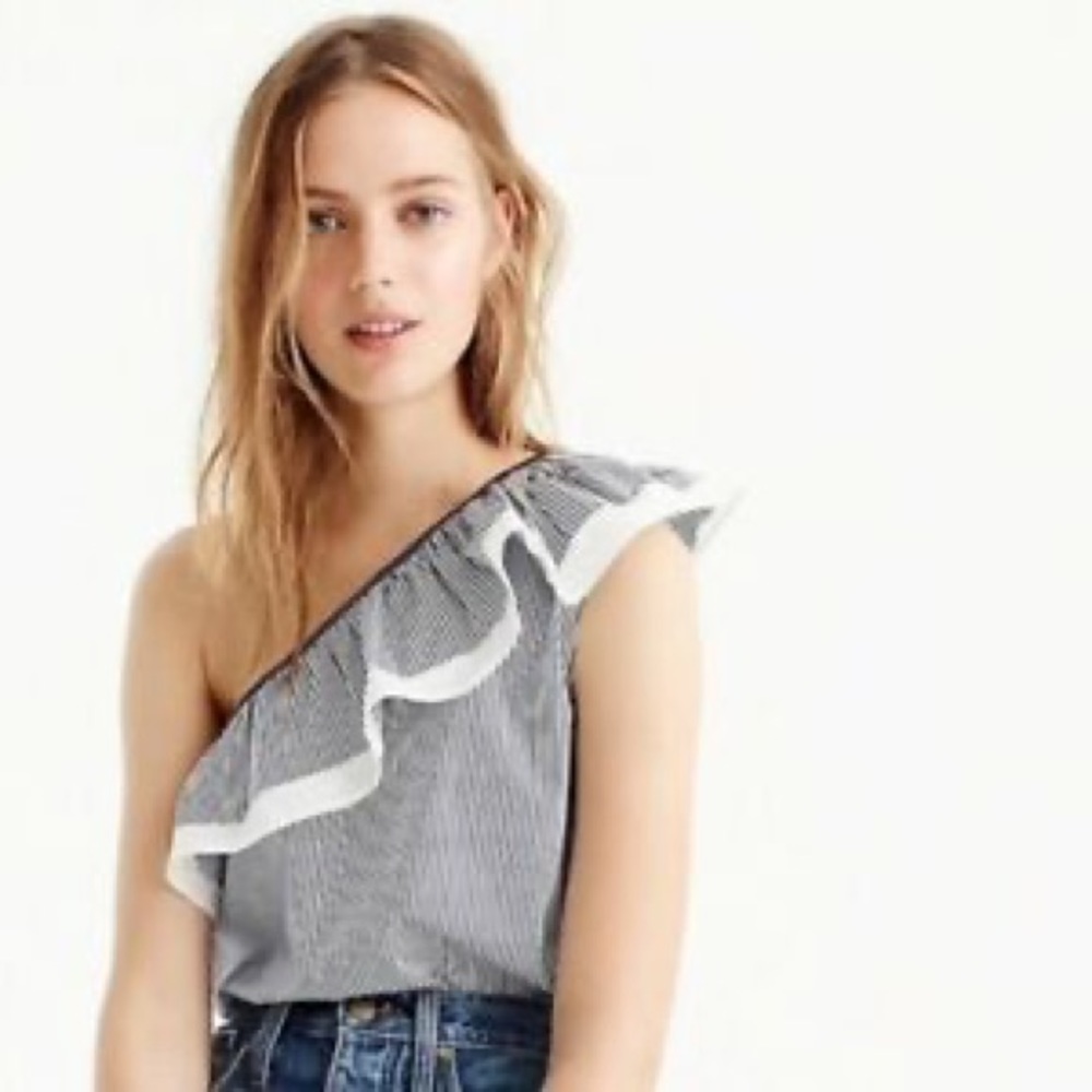 J.Crew Stripe Ruffle One Shoulder Top Sz 10